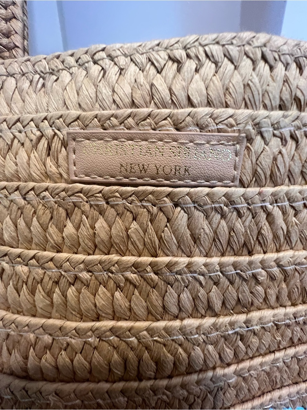 Christian Siriano Natural Straw Tote with Blue "ESCAPE" Embroidery - Picture 3 of 7